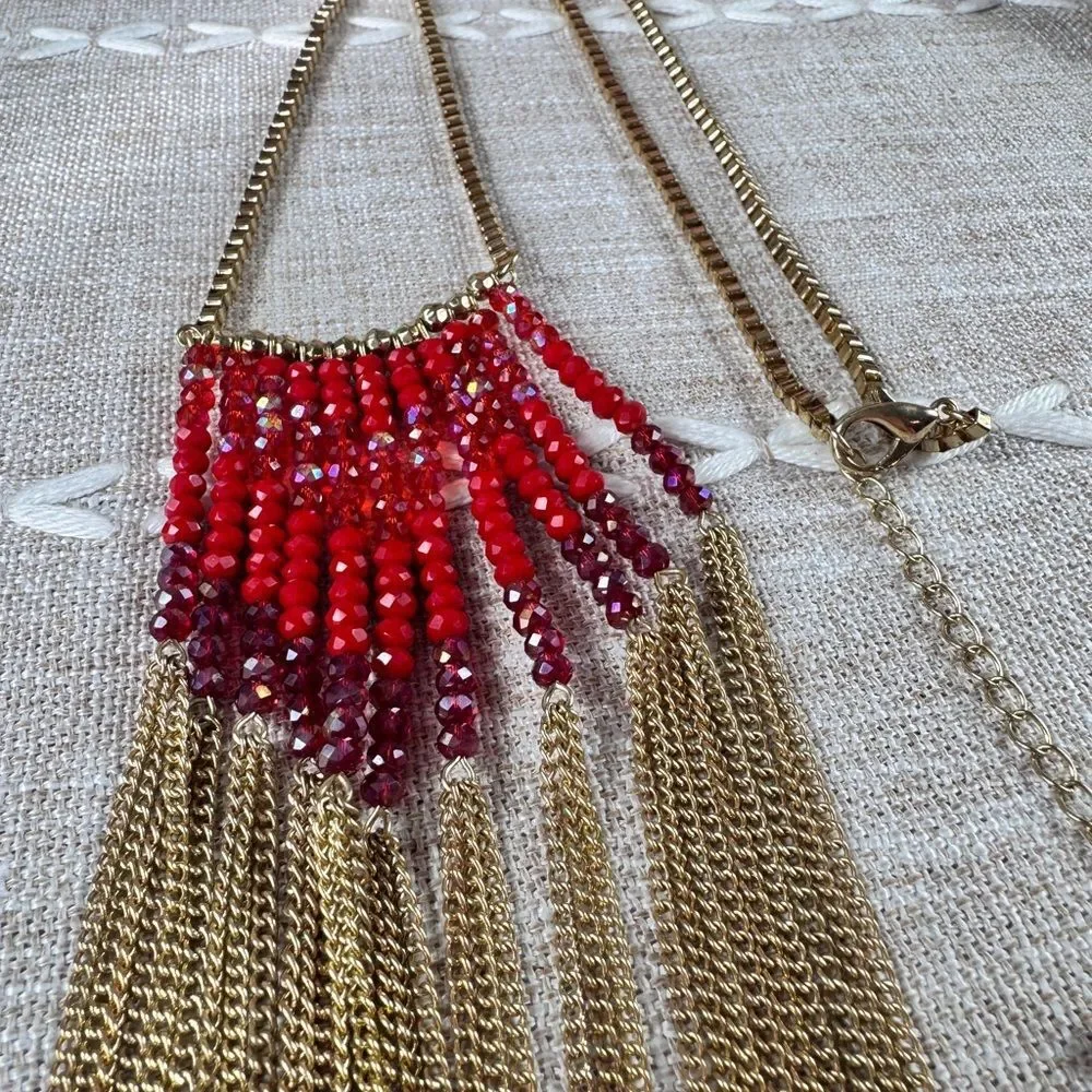 Elegant Red and Gold Glass Beaded Necklace